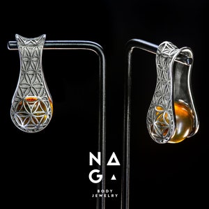 1 Pair of GRAVITY FLOWER of LIFE Black ruthenium plated silver ear hangers, silver ear weights, unique gauges