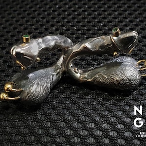 1 Pair of LINGAM tarnished silver ear weights with 4 piercings, silver ear hangers, silver ear gauges, silver ear stretchers
