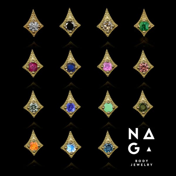 1 Piece of 18k YELLOW GOLD GEMSTONE threadless piercing end, push pin piercing, labret/nose/tragus/cartilage/conch/helix gold body jewelry