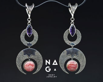 1 Pair of ECLIPSE: RHODOCHROSITE and AMETHYST sterling silver ear weights hangers - fit all sizes starting from 1,5mm