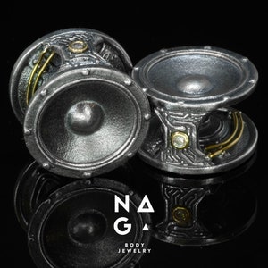 1 Pair of Premium SOUNDSYSTEM tarnished silver ear weights with DIAMOND and 18k GOLD details, silver ear hangers