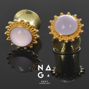 1 Pair of ROSE QUARTZ stone ear plugs, gold ear plugs, ear gauges and plugs