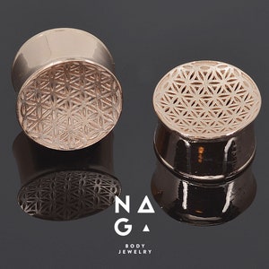 1 Pair of FLOWER OF LIFE vermeil rose gold ear plugs gauges, Sizes from 6 mm (2G) To 32 mm (1 1/4''), wholesale available