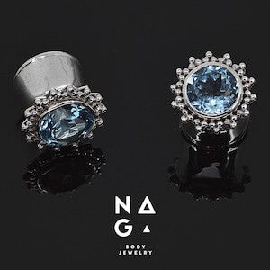 1 par de dilatadores para oídos de plata TOPACIO AZUL: 2 g (6 mm), 0 g (8 mm), 00 g (10 mm), 1/2&quot; (12 mm), 9/16&quot; (14 mm), 5/8&quot; (16 mm): venta al por mayor disponible