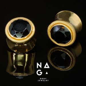 1 Pair of Faceted BLACK ONYX plugs, vermeil gold ear plugs, wedding gauges
