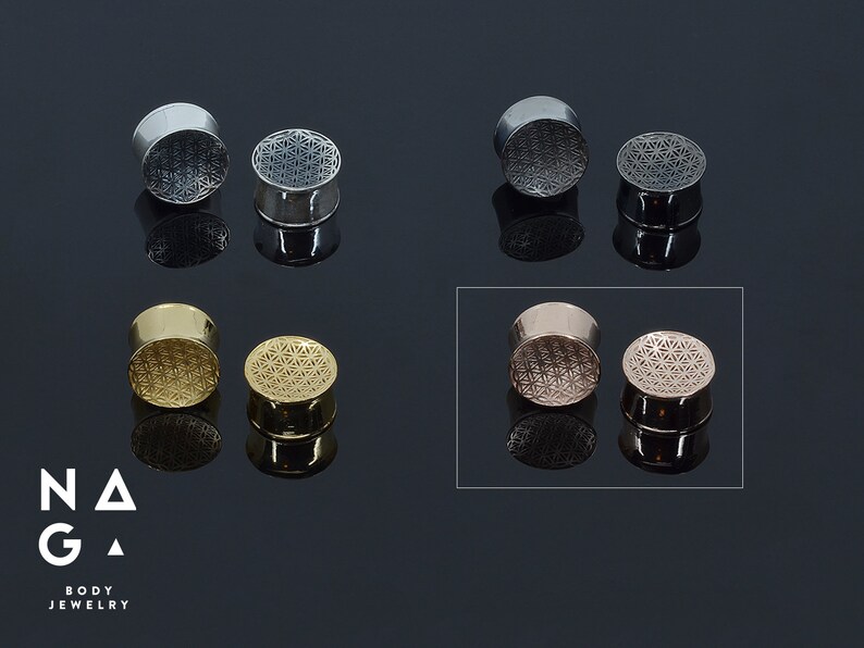 2G WHOLESALE AVAILABLE Vermeil Rose Gold Ear Plugs Gauges Sizes from 6 mm Flower of Life 1 Inch To 26 mm