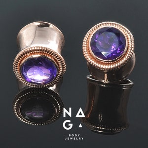 1 Pair of Faceted AMETHYST plugs, vermeil rose gold plugs, unique gauges