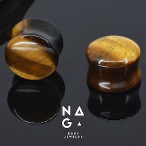 1 par de tampões de ouvido TIGER EYE - Tamanhos de 6g (4 mm) a 2&#39;&#39; (52 mm) - Orgânico - Natural, disponível no atacado