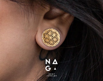 1 Pair of Gold ear gauges, FLOWER OF LIFE, ear stretchers, wedding gauges, plugs and tunnels, gold ear tunnels