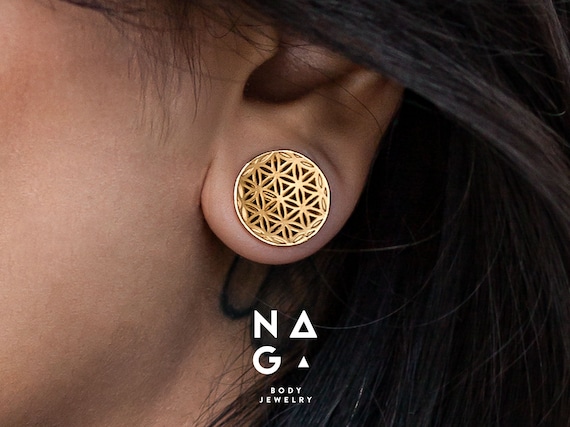 1 Pair of Gold ear gauges FLOWER OF LIFE ear stretchers wedding gauges plugs and tunnels gold ear tunnels