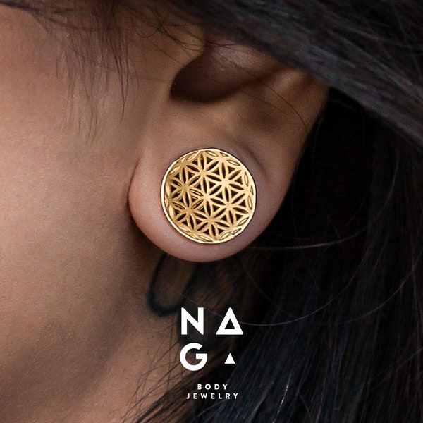 1 Pair of Gold ear gauges, FLOWER OF LIFE, ear stretchers, wedding gauges, plugs and tunnels, gold ear tunnels