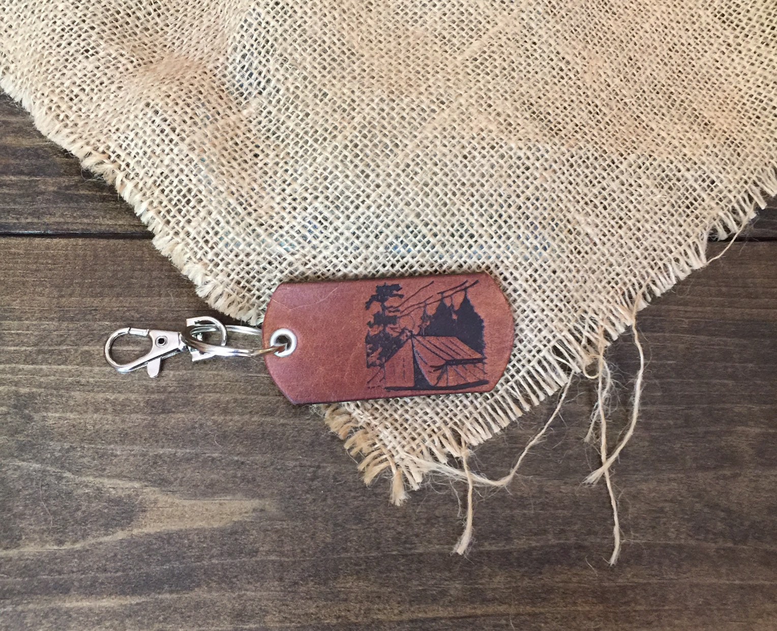 Camp Scene Leather Keychain Tent Key Chain Leather Key Etsy