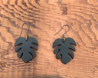 Monstera Leaf Earrings, Floral Earrings,  Plant Lover Earrings, Tropical Jewelry, Leather Earring, Beach Jewelry, HandyCraftedGoods