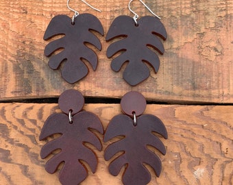 Monstera Leaf Earrings, Floral Earrings,  Plant Lover Earrings, Tropical Jewelry, Leather Earring, Beach Jewelry, HandyCraftedGoods