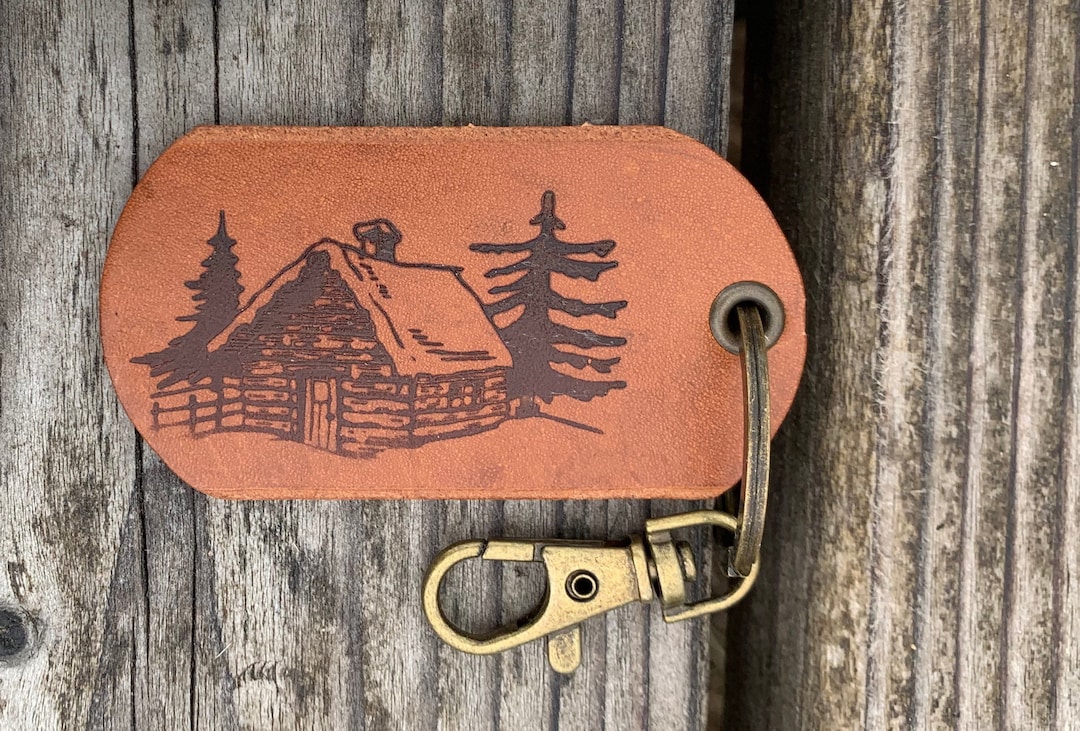 Handmade Leather Keychain: Cabin & Forest Design, Adventure Keyring - Etsy
