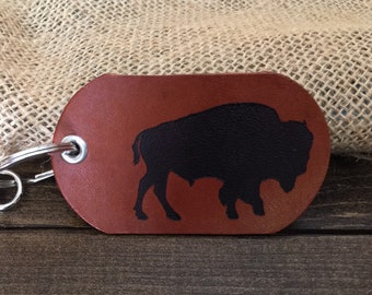 Buffalo Keyring, Bison Keychain, Hunter Gift, Gift for Boyfriend, Gift for Husband, Leather Keychains, Leather Key Fob, Upcycled Keychain
