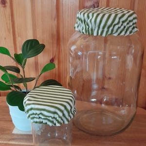 Puede incluir: Dos tarros de vidrio transparente de diferentes tamaños, cada uno cubierto con una tapa de tela a rayas verdes y blancas. Una pequeña planta en maceta con hojas verdes se encuentra a la izquierda de los tarros.