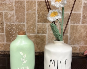 Vintage Rae Dunn Home Decor: Small Sea Foam Green Bottle and White Ceramic Mist Base No Spray Top      NOT INCLUDED  Flower or Sticks