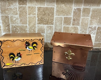 Vintage Recipe Boxes - Rooster Wood and Copper, Made in Japan