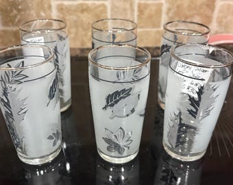 Vintage Libbey 4 oz. Silver Leaf Set of 6 Juice Glasses