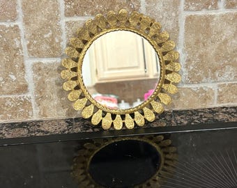 Vintage Mid Century Modern Gold Tone Scalloped Petal Small Vanity Mirror