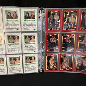 May include: A binder filled with wrestling trading cards. The cards feature wrestlers from the WCW, including the Southern Boys and Doom. The cards are in mint condition and are a great addition to any wrestling fan's collection.