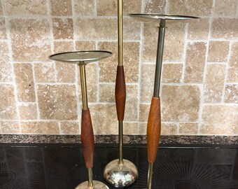 Set of 3 Vintage Mid Century Modern Brass and Teak Candlestick Holders
