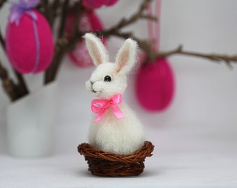 Needle felted white bunny SARAH with miniature basket. Easter  gift. Felting collectible OOAK dolls. Gifts for her.