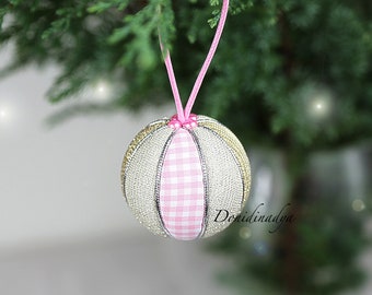 Pink grey silver gold Christmas hanging ornaments kimekomi ball N3. Xmas gift for her. Christmas tree fabric ornament #kimekomi .