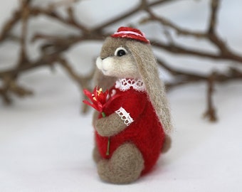 Needle felted bunny GIULIANA with miniature red straw hat and red flower. OOAK doll, unique collectible bunny. Gift idea.