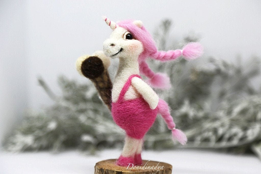 Unicorn with ice cream needle felted collectible OOAK doll. White pink unicorn. Gift for birthday gift for him gift for her. Unique gift