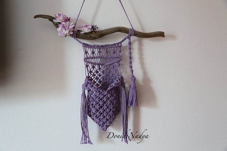 Wall pocket lilac macrame wall hanging. Living room decor. Bedroom ornament. Mother's day gift. Eco friendly housewarming gifts. image 3
