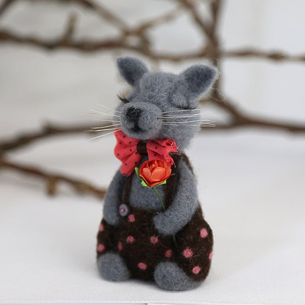 Needle felted wolf Walter with miniature flower. OOAK collectible doll, gift for him, gift for her, birthday gift, home decor. Wool animal