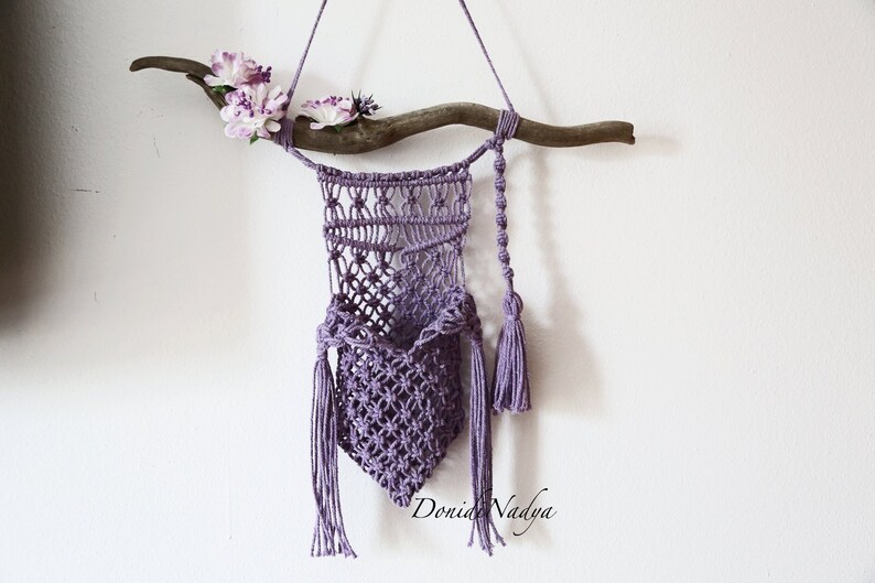 Wall pocket lilac macrame wall hanging. Living room decor. Bedroom ornament. Mother's day gift. Eco friendly housewarming gifts. image 2