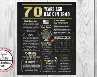 70 Years Ago Back in 1948 Gold Chalkboard Style Poster, 1948 The Year You Were Born, 70th Birthday Poster Sign, Printable, Instant Download