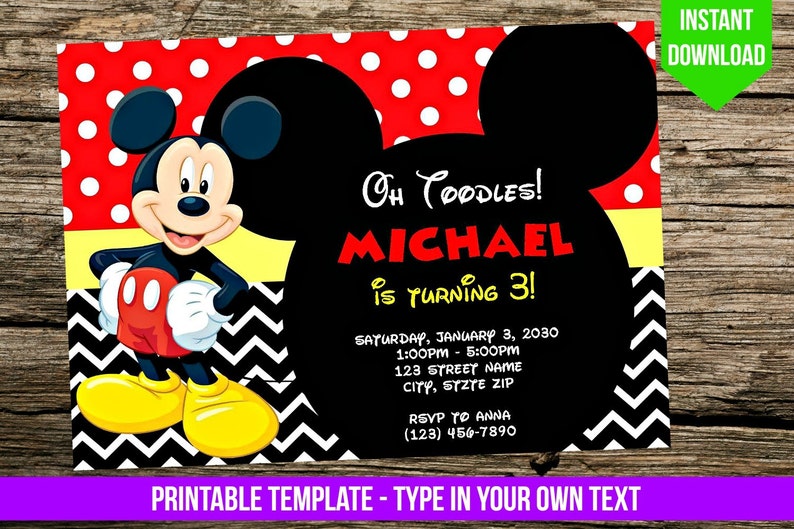 Mickey Mouse Invitation Diy You Print Birthday Party Etsy