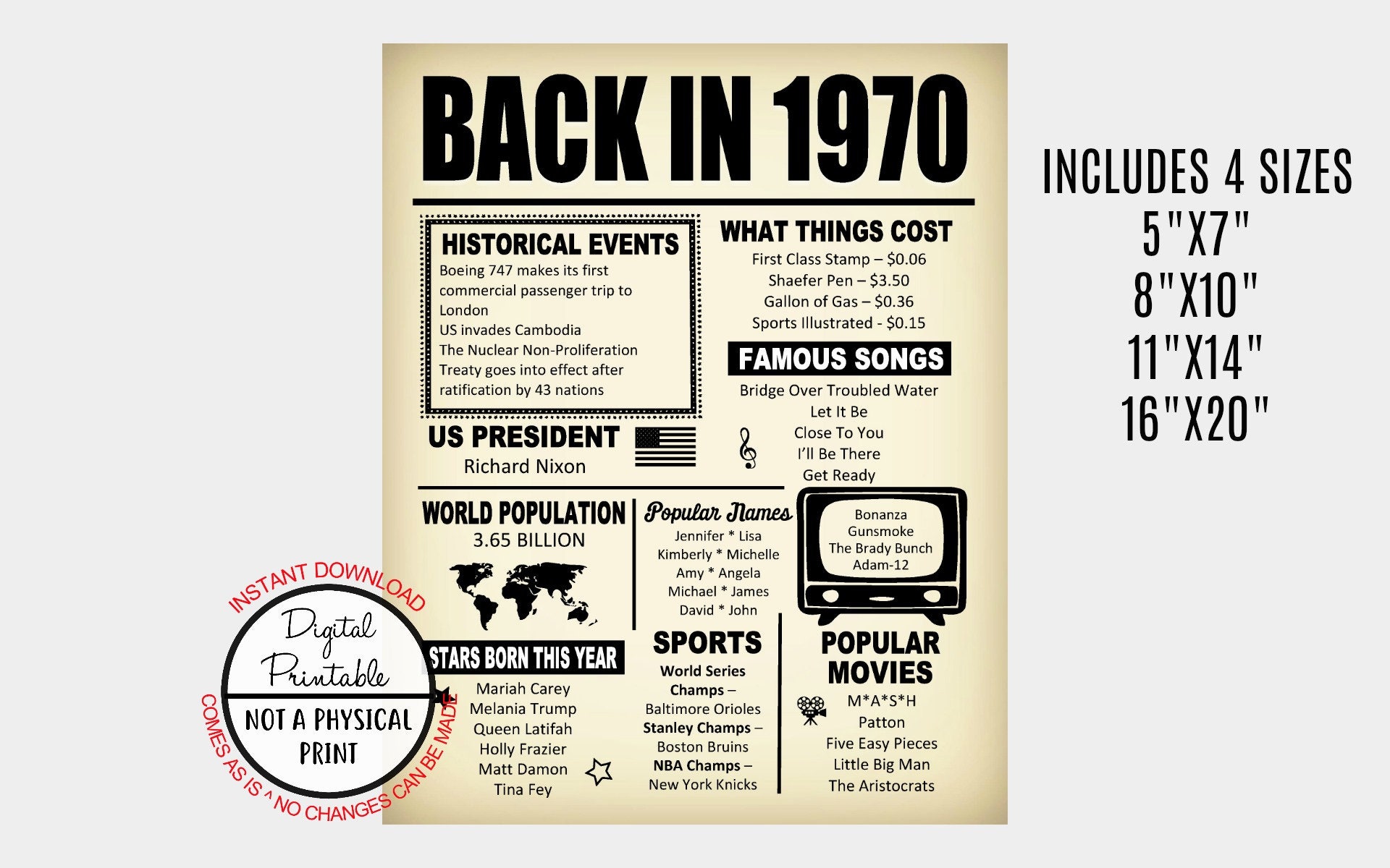 Back in 1970 Newspaper Style Poster 48 Years Ago The Year You | Etsy