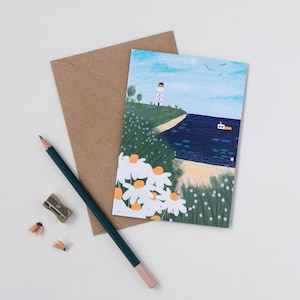 Carte d'art plage - carte phare Daisy - carte vierge de plage de Northumberland - carte d'art paysage