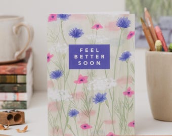 Carte Se sentir mieux bientôt - Fleurs roses et bleues - Floral Get Well Card