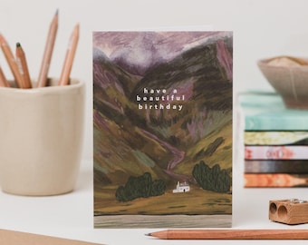 Tarjeta de cumpleaños de montaña escocesa: ¡Feliz cumpleaños! - Paisaje natural ilustrado