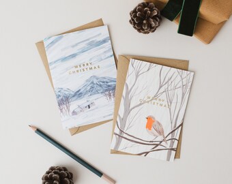 Snowy Illustrated Christmas Card Set with Gold Foil Lettering