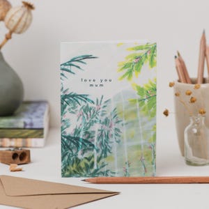 Carte botanique fête des mères - carte Je t'aime maman - carte dimanche des mamans nature - carte de fête des mères amoureux des plantes