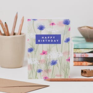 Carte d'anniversaire fleurs bleues et roses - carte d'anniversaire florale - carte d'anniversaire nature - carte d'anniversaire fleur