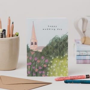Kirche Blumen Hochzeitskarte - Happy Wedding Day Card