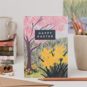 Carte de Pâques fleurs de printemps - Carte de Pâques fleurie jonquilles et fleurs