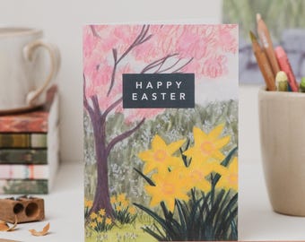 Spring Flowers Easter Card - Illustrated Floral Daffodil & Blossom Spring Art