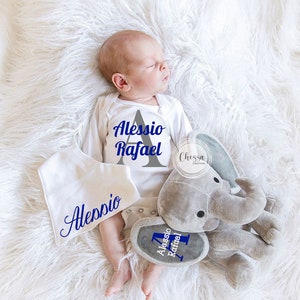 3-delige cadeauset babyshower op maat gemaakte olifant knuffeldier cadeaumand monogram cadeaumand pasgeboren jongen koningsblauw, Chessa