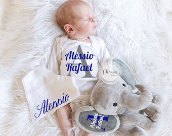 Baby Boy Shower Juego de regalo de 3 piezas Cesta de regalo de animales de peluche de elefante personalizada Cesta de regalo para niño recién nacido con monograma Azul real, Chessa