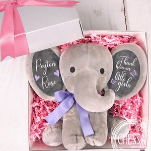 Thank Heaven for Little Girls, Baby Gift for New Mom, Baby Girl Shower Gift Basket, Personalized Elephant Stuffed Animal, Lilac