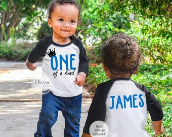 1st Birthday Boy Outfit One Year Old Shirt for Cake Smash, ONE of a kind, 3/4 Sleeve White Raglan Shirt w/ Black Sleeves, Sky Blue